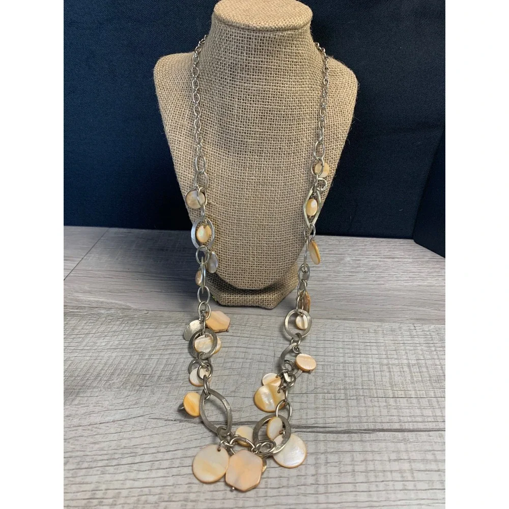 Chicos Silver Tone Mother of Pearl Shell Station Long Necklace 32 Inch 4502